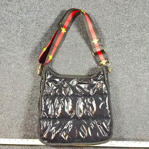 Ah-Dorned Black Nylon Liquid Puffer Crossbody Bag Bee Embroidered Guitar Strap